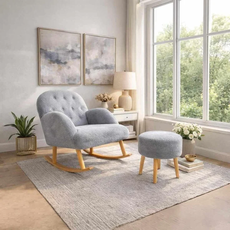 Hanah Home Elegantes Ohrensessel- und Pouf-Set (2-teilig), Grau, 100% Wellssoft-Stoff, Beine aus 100% Esche | Perfekt für Moderne Wohnzimmer und gemütliche Räume – Bild 2