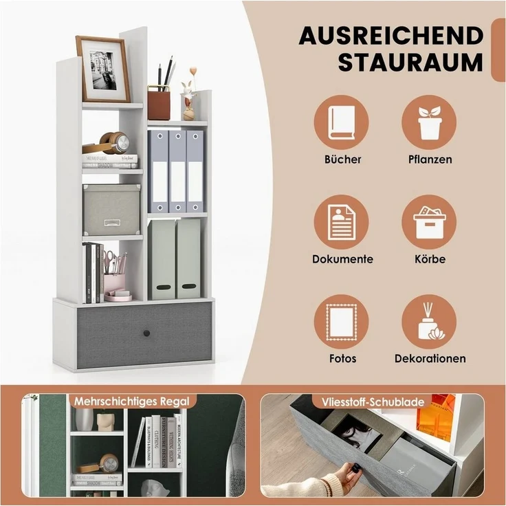COSTWAY Bücherregal, Standregal mit 7 Fächern und Schublade, 53x24x118cm – Bild 3