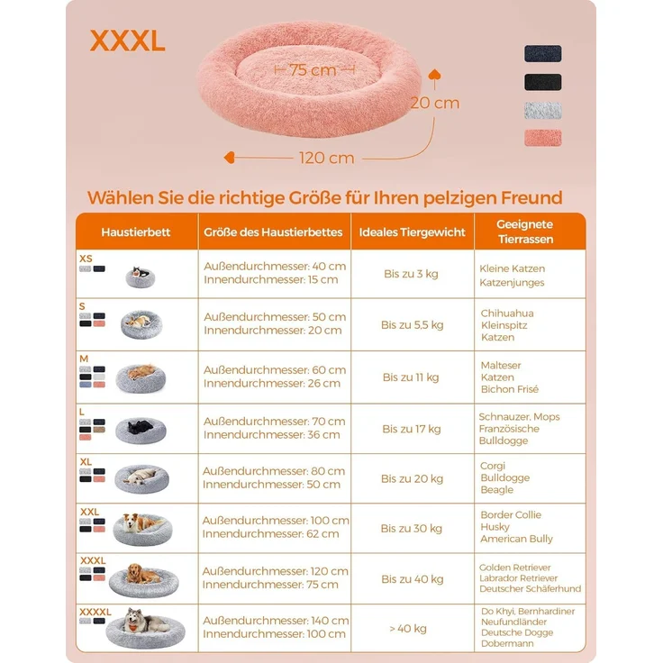Feandrea Hundebett flauschig, Katzenbett, Donut Kissen, waschbar, Polsterung in der Mitte herausnehmbar, Langer Plüsch, 120 cm Durchmesser, rosa PGW043R01 – Bild 5