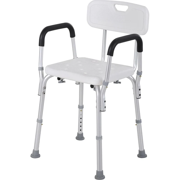 Duschstuhl mit Rückenlehne und Armlehnen, höhenverstellbarer Duschsitz mit rutschfesten Füßen, abnehmbare Armlehnen, bis 136 kg, Aluminium/HDPE, Weiß – Bild 2