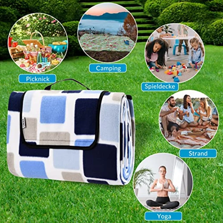 DETEX® Picknickdecke, 200x200 cm, Quadrate/Blau, wasserdicht, isoliert, faltbar – Bild 5