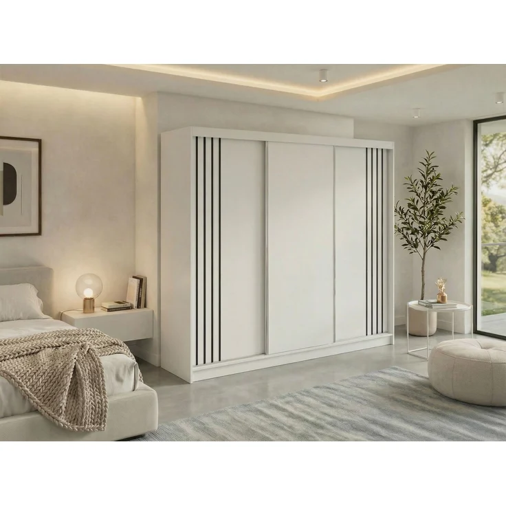 Schwebetürenschrank NAURU mit Lamellen-Optik, moderner Kleiderschrank, Breite 240 cm, inkl. Innenausstattung & Stauraum, Akustikpaneel-Design - Weiß und Schwarz - mit Schubladen – Bild 1