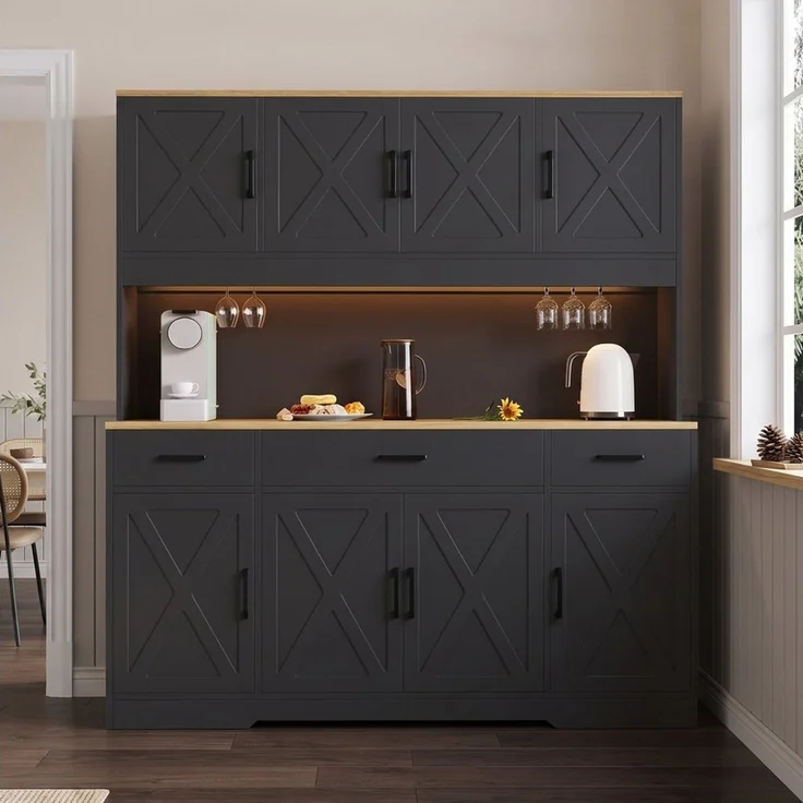 Flieks Küchenbuffet Hochschrank mit Arbeitsplatte Natur, Steckdose, Gläserhalter, LED (B150xT40xH180 cm, 1-St, Multifunktionsschrank mit Lichtstreifen, Ladenfunktion) Mehrzweckschrank Küchenschrank mit verstellbarer Ablagen Schwarz – Bild 3