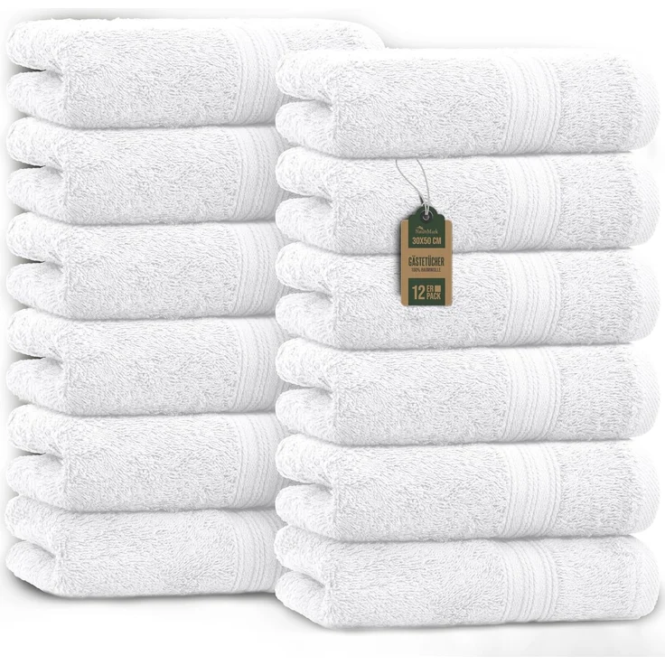 NatureMark 12er Pack Gästetücher Premium Qualität 30x50 cm GÄSTEHANDTUCH Frottiertuch-Set 100% Baumwolle Farbe: Weiß – Bild 1