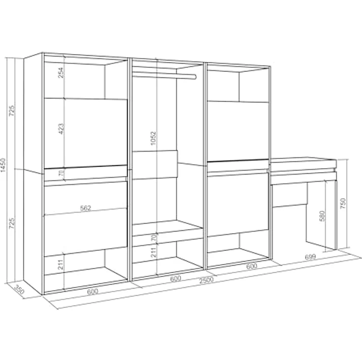 Skraut Home | Schuhregal, Schuhschrank | Schuhaufbewahrung | 250x145x35 cm | Für Schlafzimmer, Zimmer | Offener Kleiderschrank | Schminktisch | Moderner Stil | Zement – Bild 3