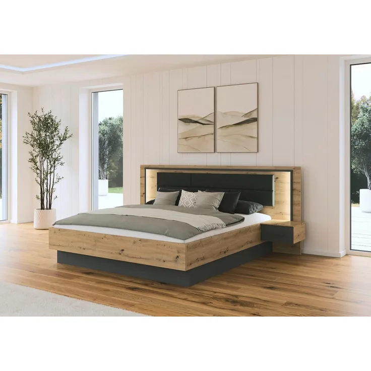 rauch Bettanlage Bett Doppelbett Komortbett BILBAO-EXTRA, (Set, 3-tlg, Liegefläche 160x200 oder 180x200 cm), Polster-Kopfteil in Lederoptik basalt, mit Beleuchtung MADE IN GERMANY