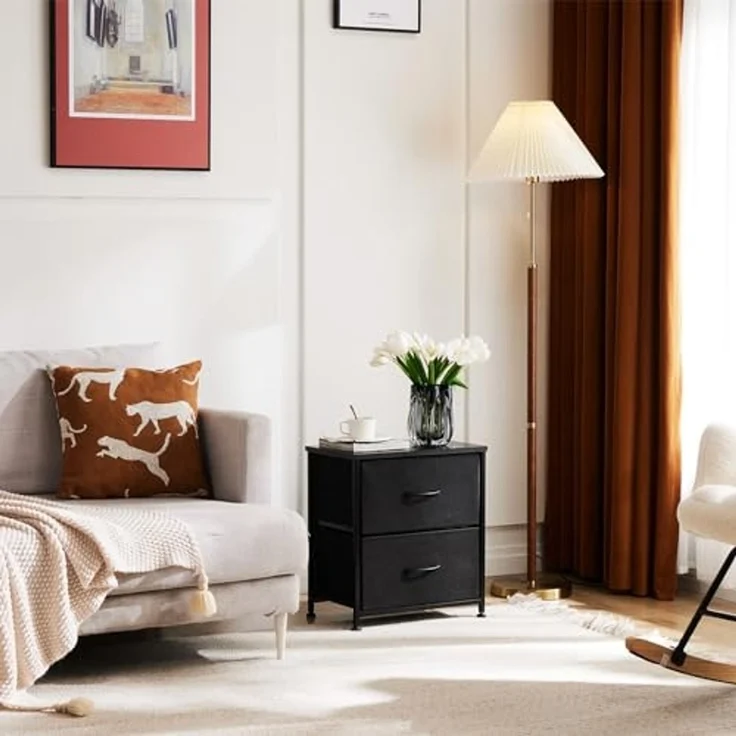 DUMOS Kommode für Schlafzimmer mit 2 Stoffschubladen, hohe Kommode Organizer für Kleidung, Schrank Kinderzimmer, Aufbewahrungsturm mit Schrank, Metallrahmen, Holzplatte, leichte Kinderzimmermöbel – Bild 5
