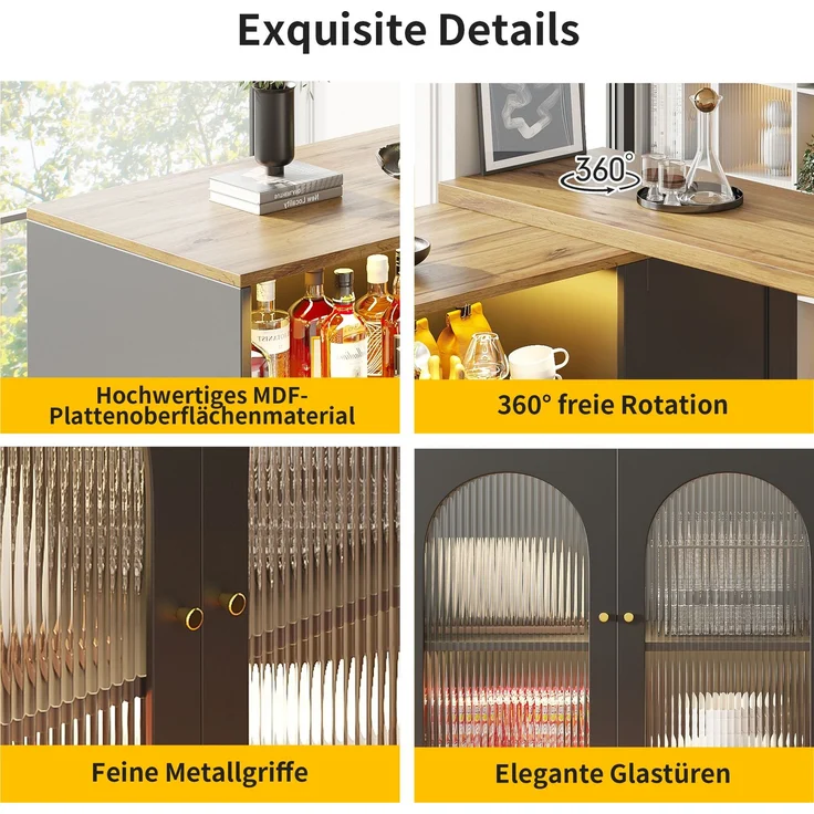 Um 360° drehbarer Bartisch (Hauptkörper: 198 x 39,6 x 97 cm), mattschwarzer Schrank mit Schreibtisch in Holzmaserung, mit Glasschranktür und LED-Licht, Sideboard, Weinschrank, Kaffeeecke--Schwarz--197x39.6x100cm--YOUDENOVA – Bild 8