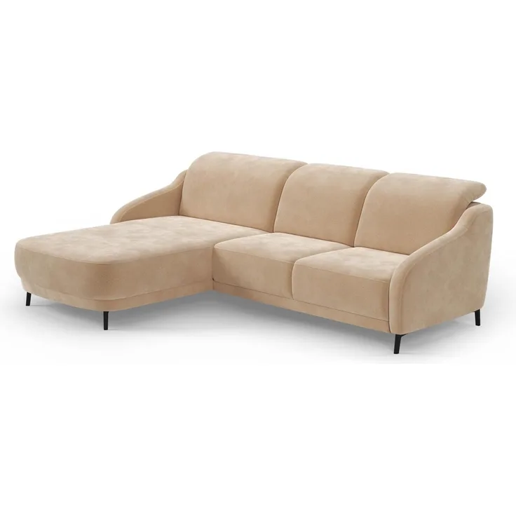 CAVADORE Ecksofa Blue/Moderne Eckcouch mit Longchair, inklusiv Kopfteilverstellung und mattschwarzen Metallfüßen / 271 x 93 x 191 / Mikrofaser, Hellbraun
