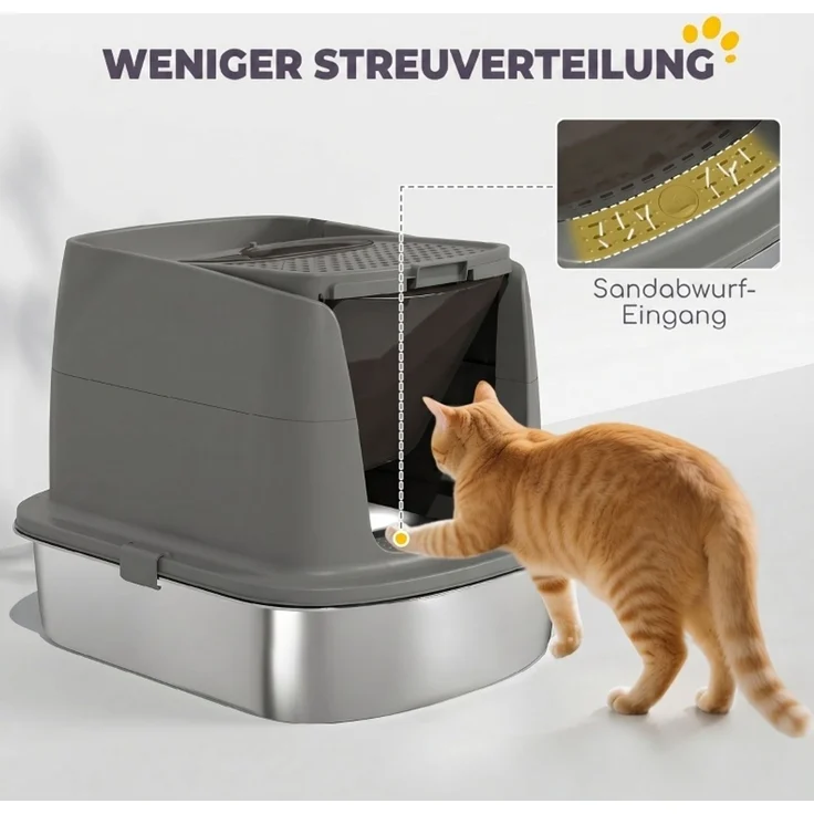 Katzentoilette 52,4×41,3×39,8 cm aus Edelstahl in Dunkelgrau mit abnehmbarem Deckel und Streuschaufel – Bild 5