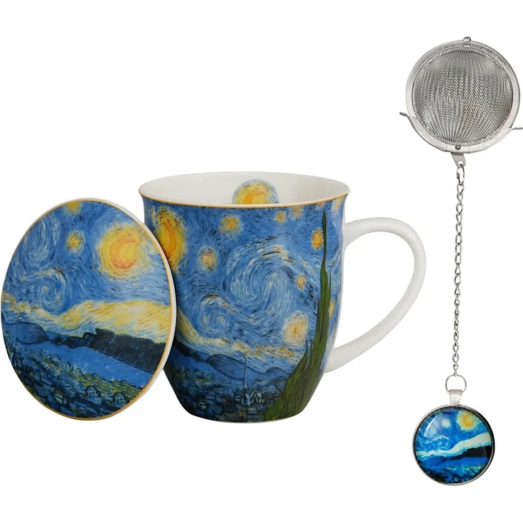 DUO ART GALLERY Becher 400 ml mit Teesieb STARRY NIGHT inspired by Van Gogh, New Bone China Porzellan – Bild 2