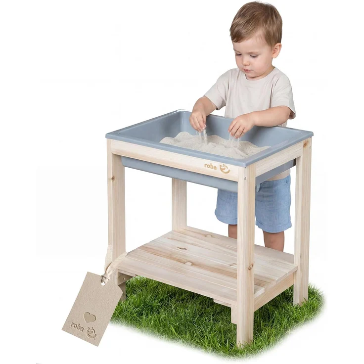 roba Outdoor + Spieltisch "Tiny" mit Spielwanne - Sand- & Matschtisch aus Massivholz - Gartenmöbel für Kinder - Ab 18 Monaten - Natur Unbehandelt