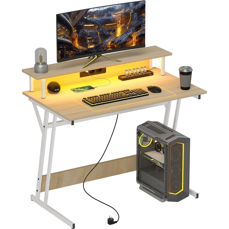 MELAYR, Gaming-Schreibtisch mit LED-Leuchten, 100 x 60 cm, Stromversorgung, 100 x 60 x 88,5 cm, Naturholz
