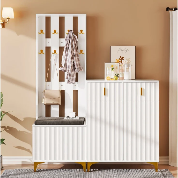 DESVIAE Schuhschrank-Set mit Garderobe, Schubladen und Sitzkissen, Spanplatte, Weiß, 60,5x180,5x35,2 cm + 83x101x35 cm – Bild 6