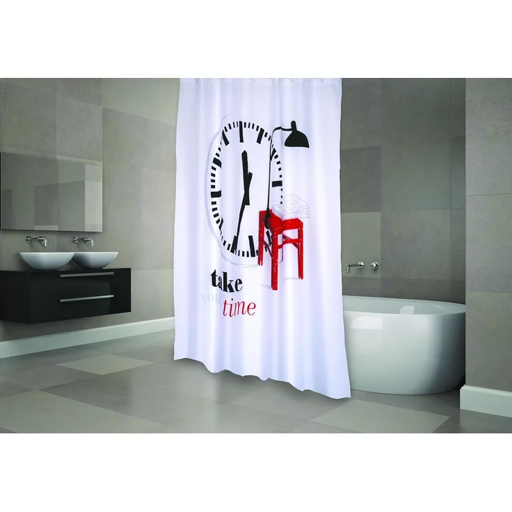 MSV Duschvorhang TAKE YOUR TIME Breite 180 cm, Premium Anti-Schimmel Textil-Duschvorhang, Polyester, 180x200 cm, waschbar, weiß-bunt, Motiv "Take Your Time" – Bild 3