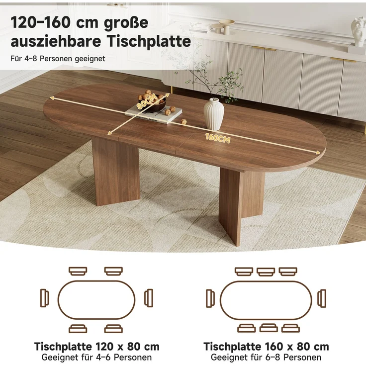 Ausziehbarer Esstisch mit abgerundeten Ecken, 120/160x80 cm, Walnuss – Bild 5