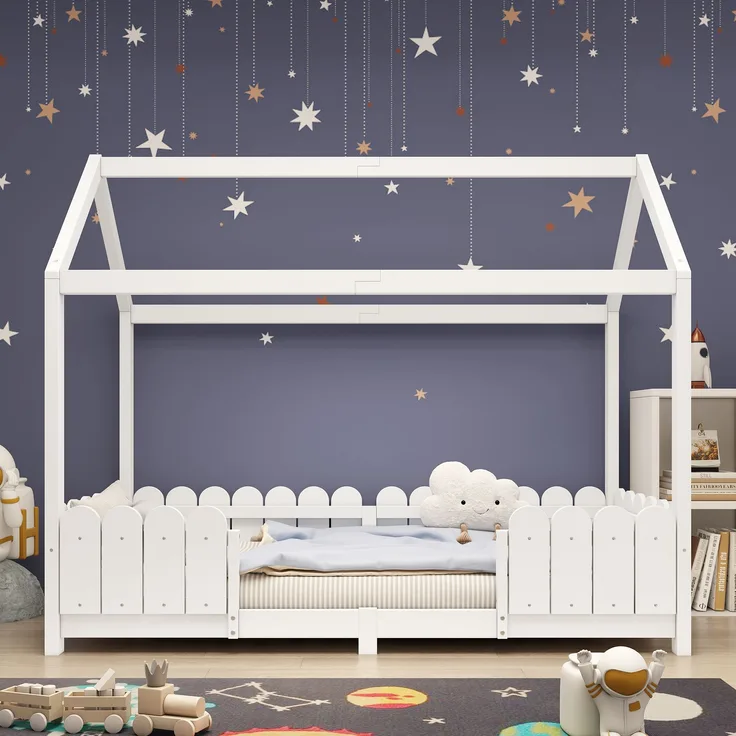 Bett 90x200 cm Hausbett mit Dach und Rausfallschutz – weißes Kinderhaus aus Kiefernholz mit Lattenrost