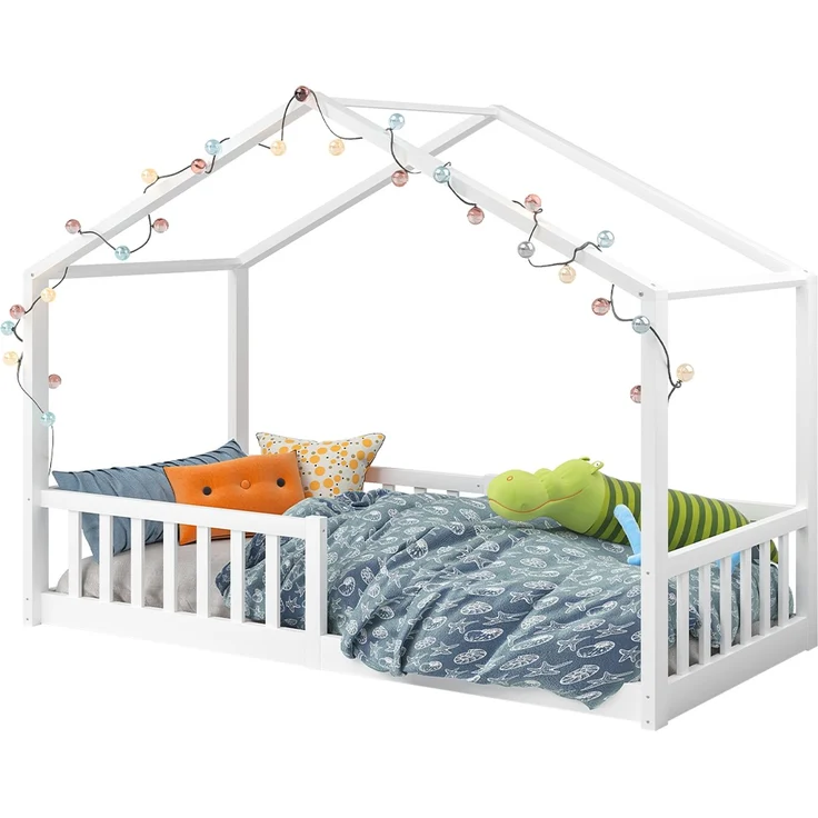 Bellabino 'Bia' Hausbett 90x200 cm, weiß, Kiefer Massivholz, Bodenbett in Hausoptik, Montessori Kinderbett mit Rausfallschutz und Lattenrost – Bild 12