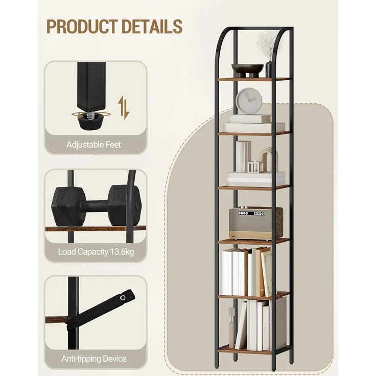 Bücherregal, 6 Ebenen Standregal, DVD-Regal, Schmale Regale, Offenes Regal, Industriestil, Metallrahmen, Geeignet für Arbeitszimmer, Wohnzimmer, Schlafzimmer, Küche, Braun – Bild 5