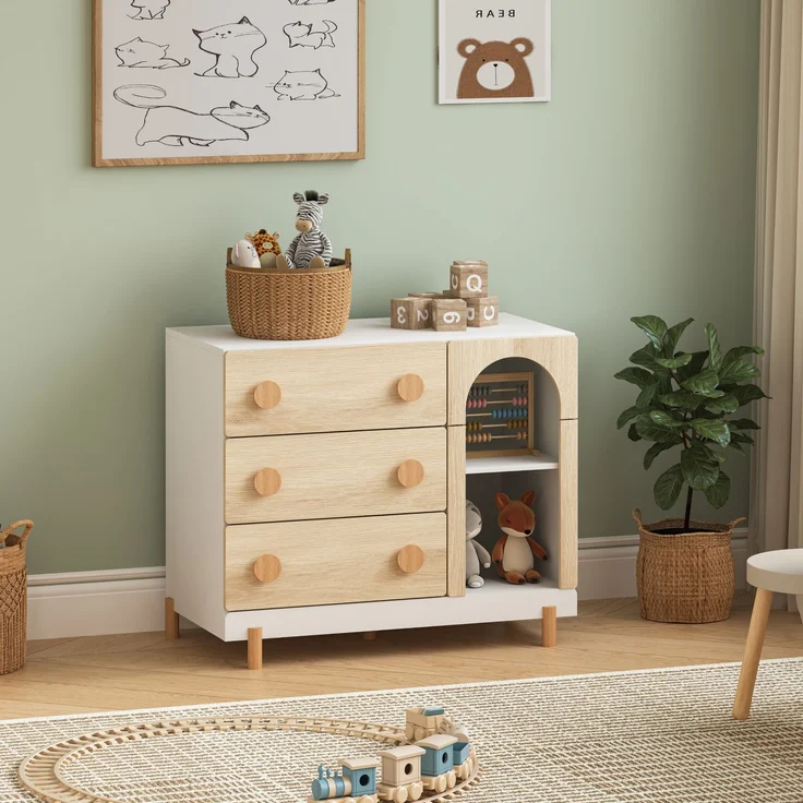 Kinderkommode Vaarentaa 3 Schubladen 2 Fächer Weiß/Eicheoptik [en. casa] – Bild 1