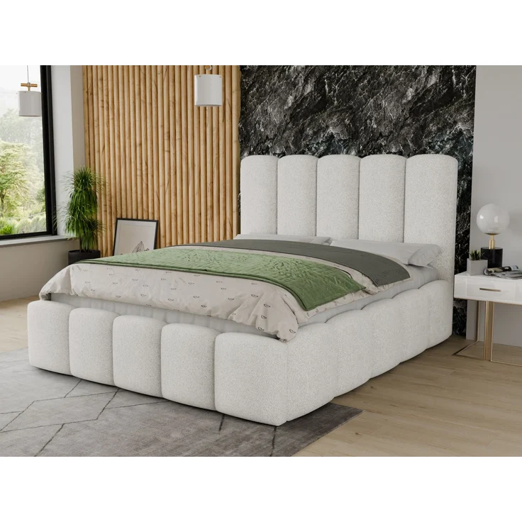 Polsterbett Aura - Bettkasten mit Gasdruckfedern - Doppelbett mit Lattenrost, Bett mit Polsterkopfteil, Bettgestell, Schlafzimmer, Bouclé-Stoff (180 x 200 cm, Weiß (Coral 70)) – Bild 1