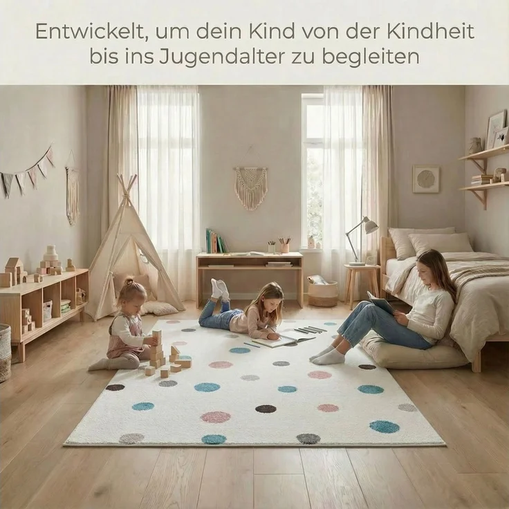 Jimri Kinderteppich DOTS l Pünktchen Gepunktet | Farbe: Beige Blau Rosa | Kinderzimmer/Jugendzimmer (White, 120x170 cm) – Bild 3