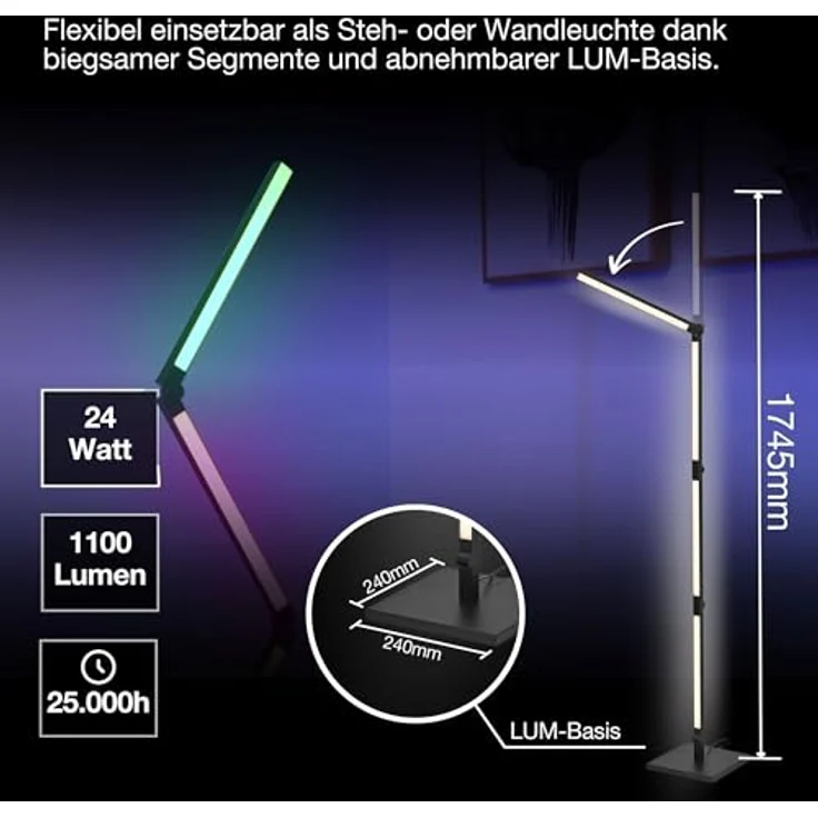 Osram SMART+ WIFI CONVERT Wand- & Stehleuchte, schwarz, 24W, 2320lm, regulierbares Weiß- & Farblicht, dimmbar, lange Lebensdauer, dynamischer Magic RGB-Lichteffekt, App-steuerbar, 2700K - 6500K – Bild 10