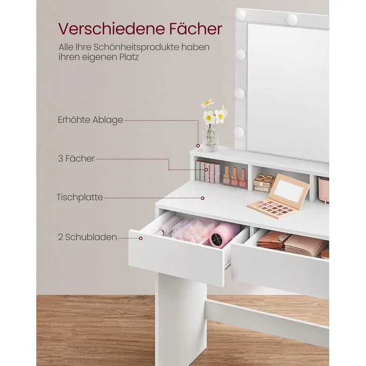 VASAGLE Schminktisch mit LED-Beleuchtung, Sitzhocker, Kosmetiktisch mit 2 Schubladen und 3 offenen Fächern, Makeup-Hocker aus Samt, für Schlafzimmer, weiß und mattweiß-pastellrosa RDT714W01 – Bild 5