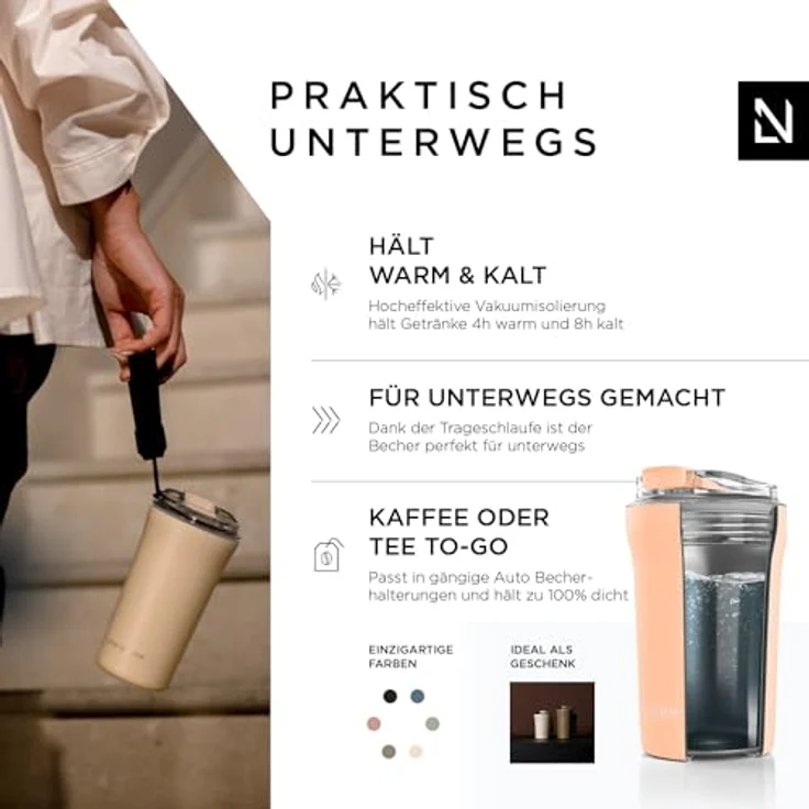 LARS NYSØM Thermobecher to go mit Trageschlaufe & Tritan Deckel | Travel Mug 0,38 Liter, Creamy Peach, 380ml, Vakuumisolierung 4h heiß & 8h kalt – Bild 2