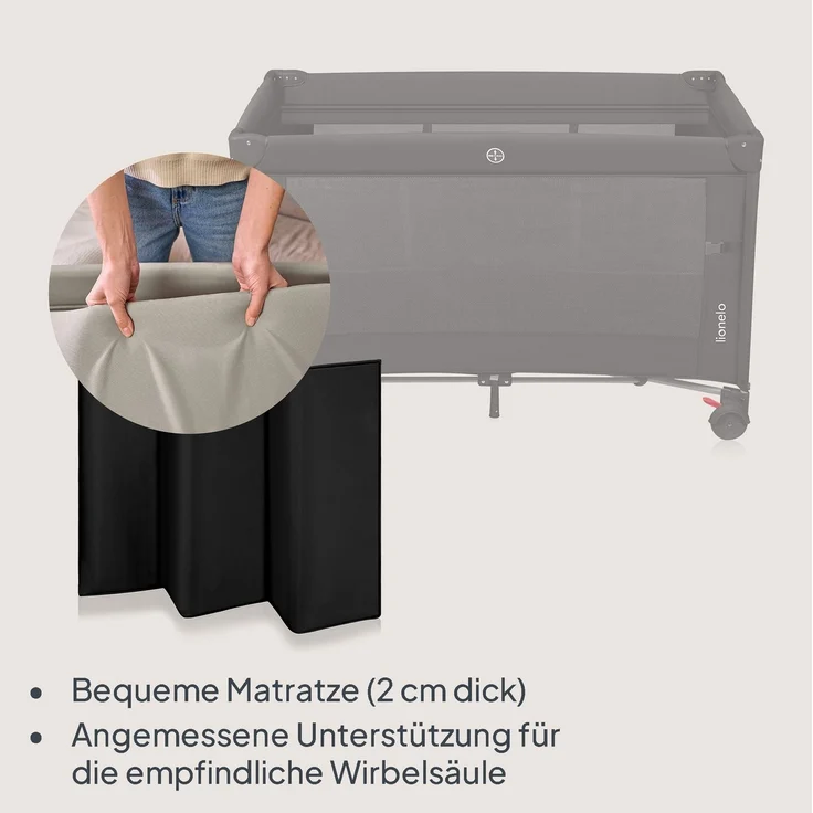 Lionelo Ellen 3 in 1 Reisebett von 0 bis 3 Jahren, Beistellbett für Neugeborene und ältere Kinder bis 15 kg, 2 Matratzenhöhen, Befestigungsgurte, seitlicher Reißverschluss, 2 Rollen, Tasche – Bild 3