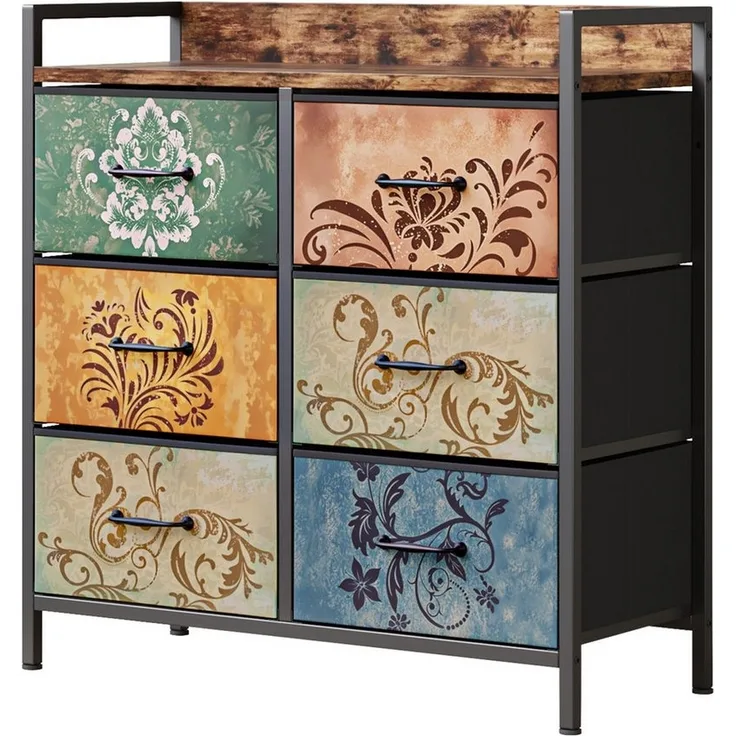 Mondeer Kommode Schubladenschrank, mit 6 Blumenstoff Schubladen aus Vliesstoff, mit Metallrahmen