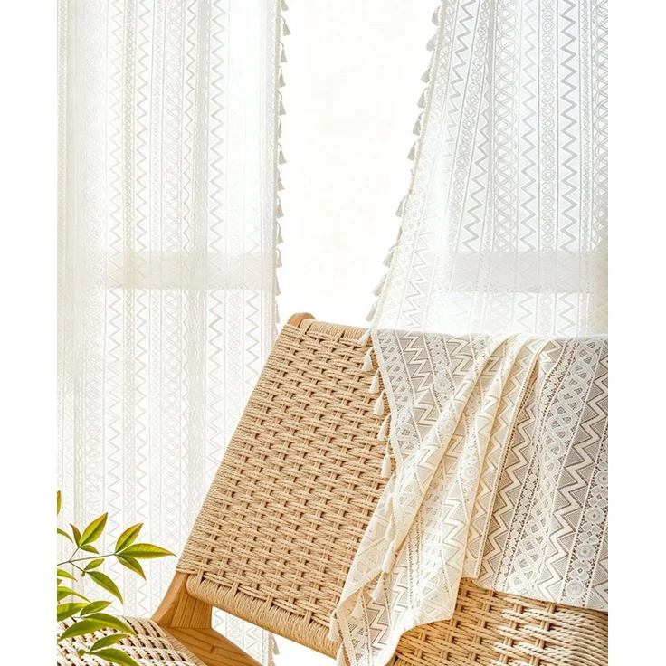 Diwzbyn Gardine Boho-Fransen-Vorhang, Vintage-Häkelspitzen-Gardine, Wellenförmiger Ösenvorhang aus Voile für Wohnzimmer und Schlafzimmer – Bild 1