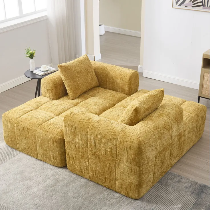 Chaiselongue-Sofa 158 x 90 x 60 cm in Gelb mit Seitentaschen und Kissen