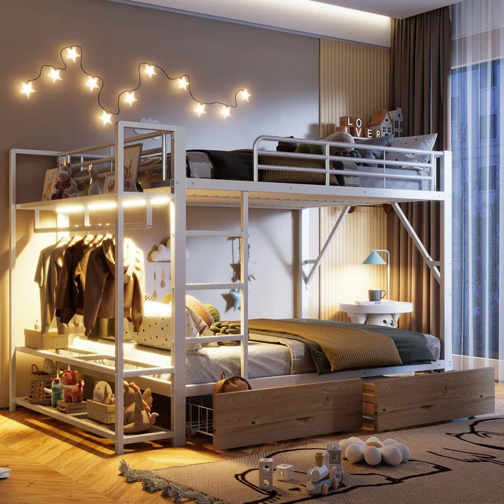 Etagenbett mit Schubladen, RGB LED-Streifen, Kleiderstange, Regal, Lattenrost und Leiter, 140x200 cm, Kinderbett mit Rausfallschutz, Metallbett – Bild 2