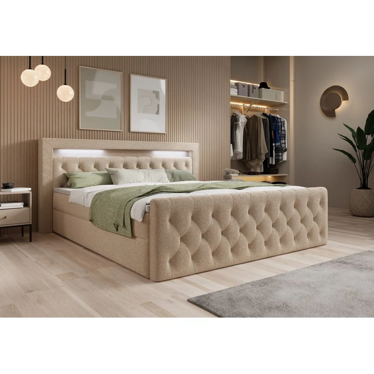 thematys Boxbett LED mit Bettkasten 160x200cm, mit Bonnellfederkernmatratze H3, Bouclé/Velours, mit Stauraum, mit 3 cm Topper, Kreme (Quelle 02), Art.-Nr. S04JN0YRGCN – Bild 1
