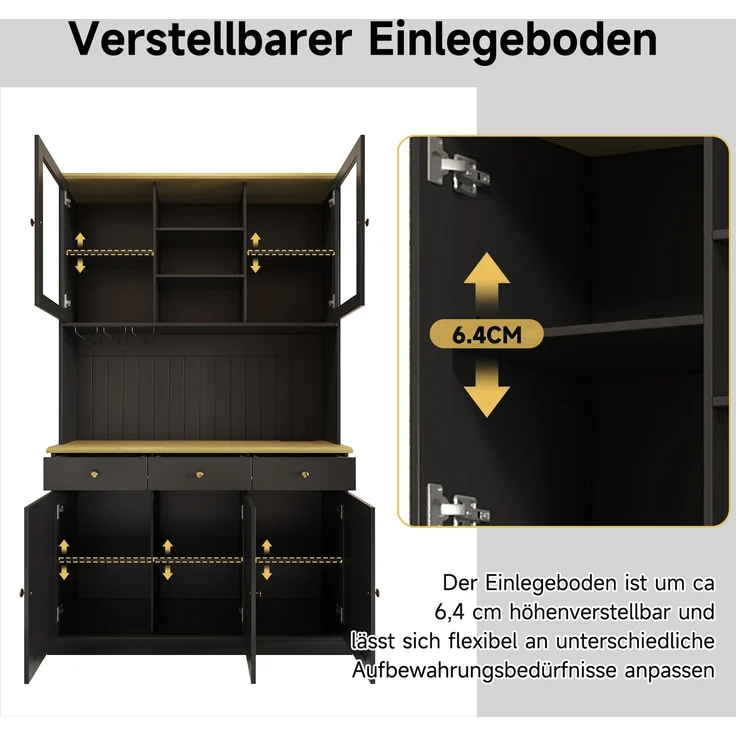 Buffetschrank 120 x 40 x 191 cm in Schwarz mit Glastüren, Schublade, Gläserhalter und Steckdosen – Bild 7