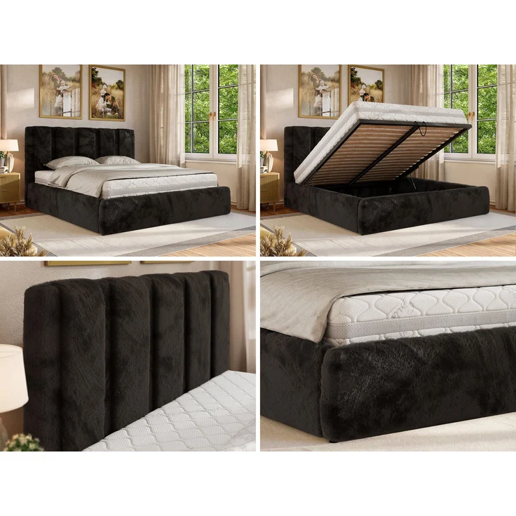 Polsterbett SAVINO CLASSIC mit Bettkasten und Lattenrost Doppelbett 200 x 200 cm mit hohem Kopfteil Stauraumbett Bett mit Gasdruckfeder - Schwarz Plüsch - Pocket Matratze - VIRE LUX – Bild 2