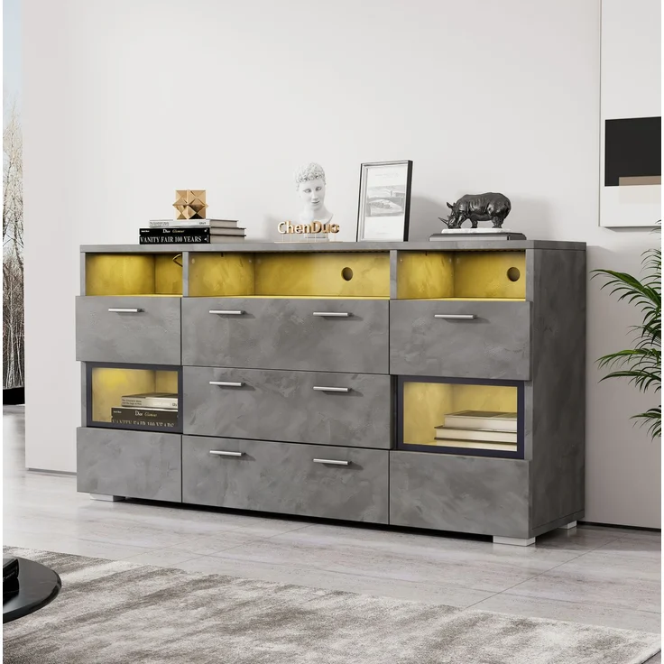 DESVIAE Sideboard mit LED-Beleuchtung, 2 Türen und 3 Schubladen, 140x72,5x33,5 cm, Spanplatte, Grau – Bild 1