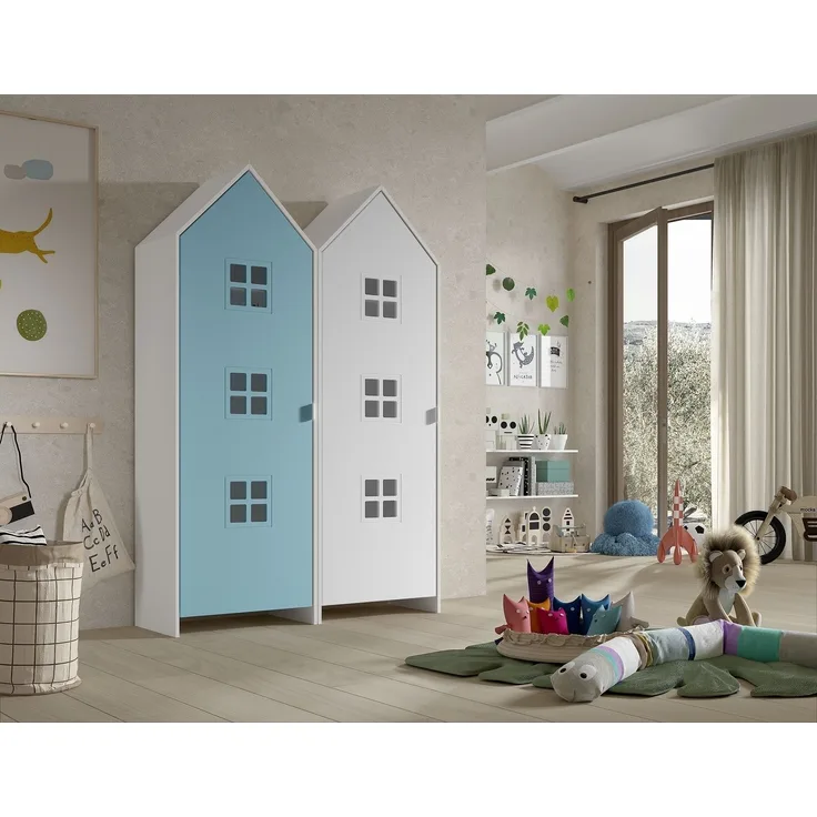 Kleiderschrank >CASAMI BRUGES< in Korpus Weiß / Front Blau u. Weiß, MDF