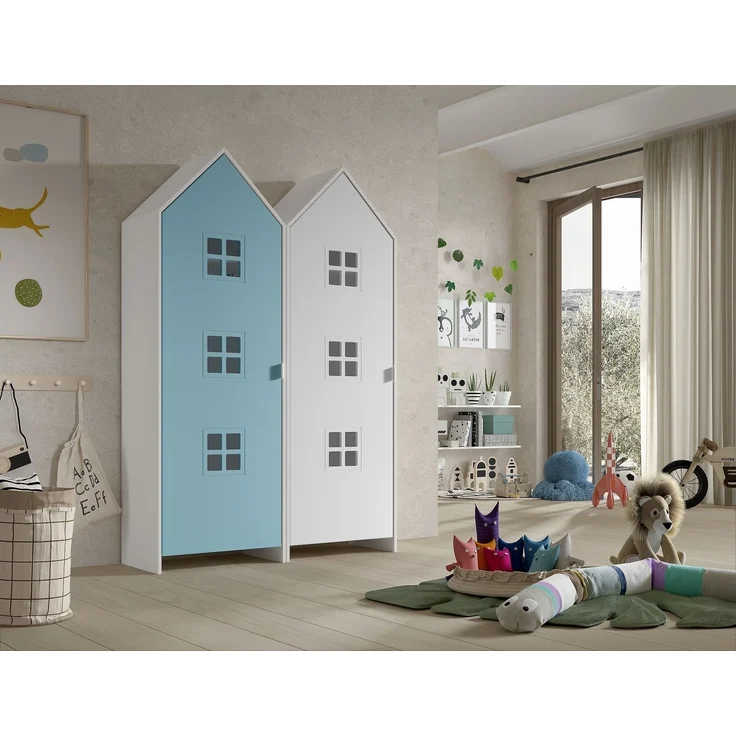 Kleiderschrank >CASAMI BRUGES< in Korpus Weiß / Front Blau u. Weiß, MDF – Bild 1