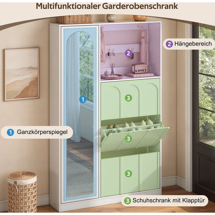 Garderobenschrank aus MDF mit Spiegel und 3 Schuhklappen, 100x24x164 cm, Weiß – Bild 7