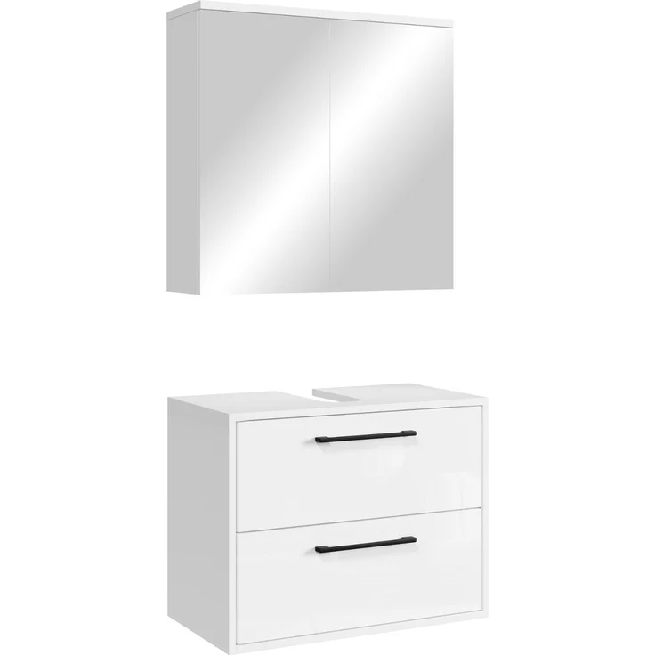 Waschbeckenunterschrank Set Florence 60 x 35 cm – Weiß Hochglanz – Badmöbel mit Spiegelschrank – Bild 1