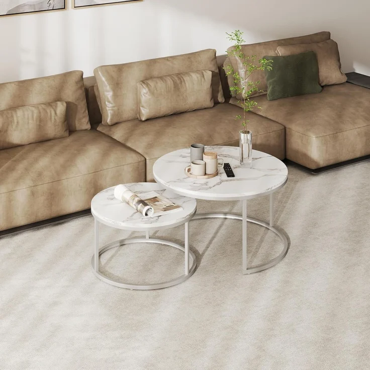 Runder Couchtisch Marmor Optik Weiß Silber 80x80cm & 60x60cm – Bild 2