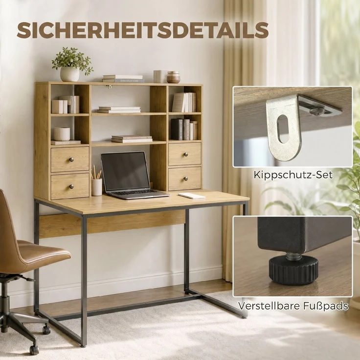 HOMCOM Schreibtisch, Spanplatte, Metall, Naturholz, 105L x 60B x 142H cm – Bild 7