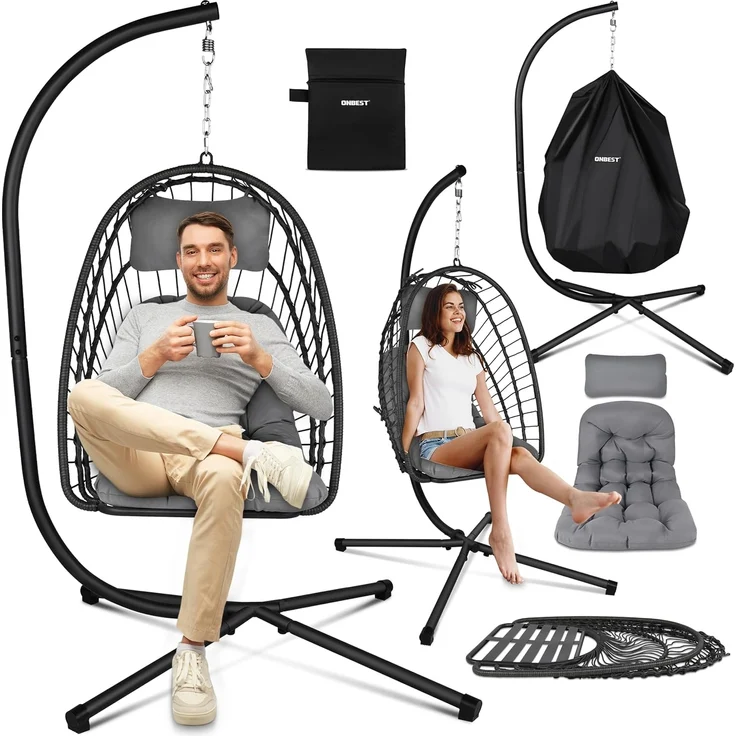 Onbest Hängesessel mit Schutzhülle 130kg 360° drehbar höhenverstellbar, bequem gepolstert – Bild 1