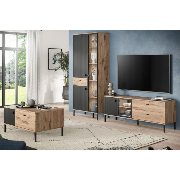 Vitrine Graz in schwarz und Eiche 83 x 198 cm – Bild 5