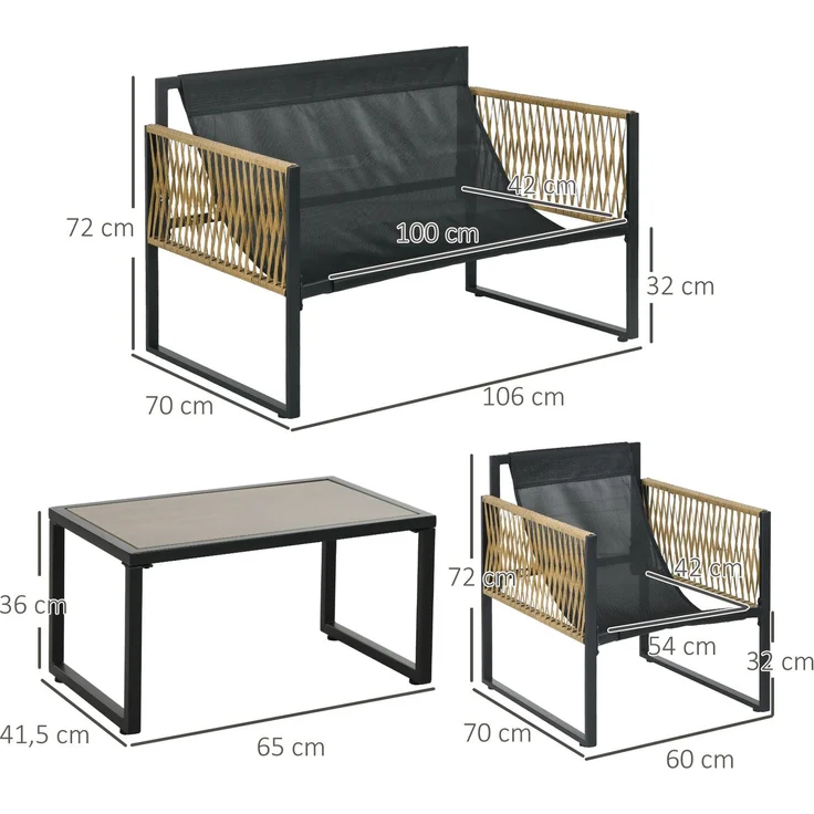 Couchtisch mit Gartensitzgruppe, 41,5x65x36 cm, Dunkelgrau, Polyrattan und Glas – Bild 3