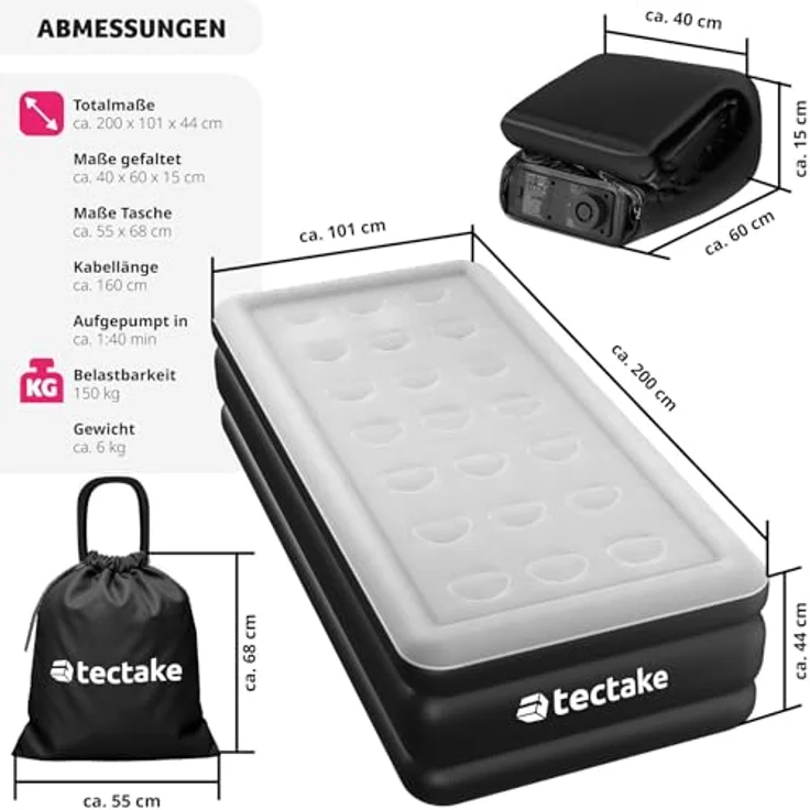 tectake Luftbett AirDreams, selbstaufblasbar mit elektrischer Pumpe, Schwarz/Weiß, 200 x 101 cm, belastbar bis 150 kg – Bild 8