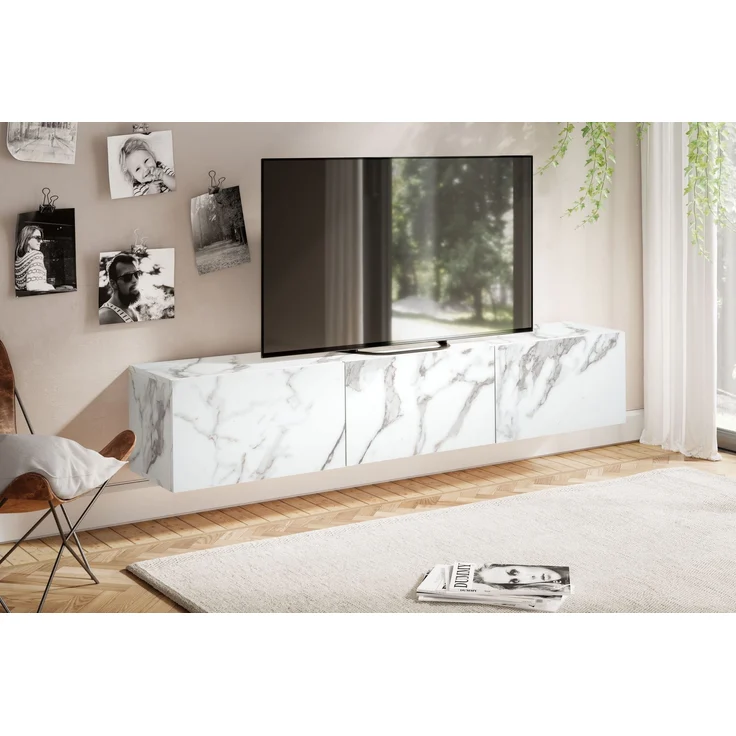 FINEBUY Lowboard FB58627 (Marmor-Optik Weiß 120x30x30 cm mit zwei Türen), TV-Kommode Hoch, TV-Schrank Modern, Fernsehtisch – Bild 2