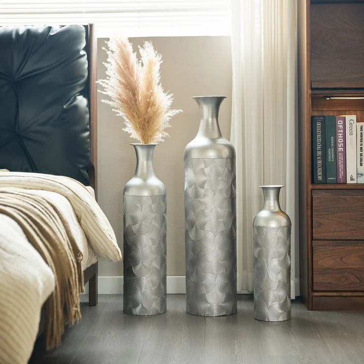 LVHOM 3er Set Bodenvase, Große Vasen aus Metall mit Rillenmuster, Dekovase für Trockenblumen, Höhen 50/66/83 cm, Vasen Set für Wohnzimmer, Flur und Büro, Silber – Bild 1